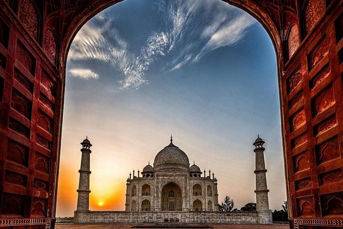 The Taj at sunrise, the fort, the garden across the river
